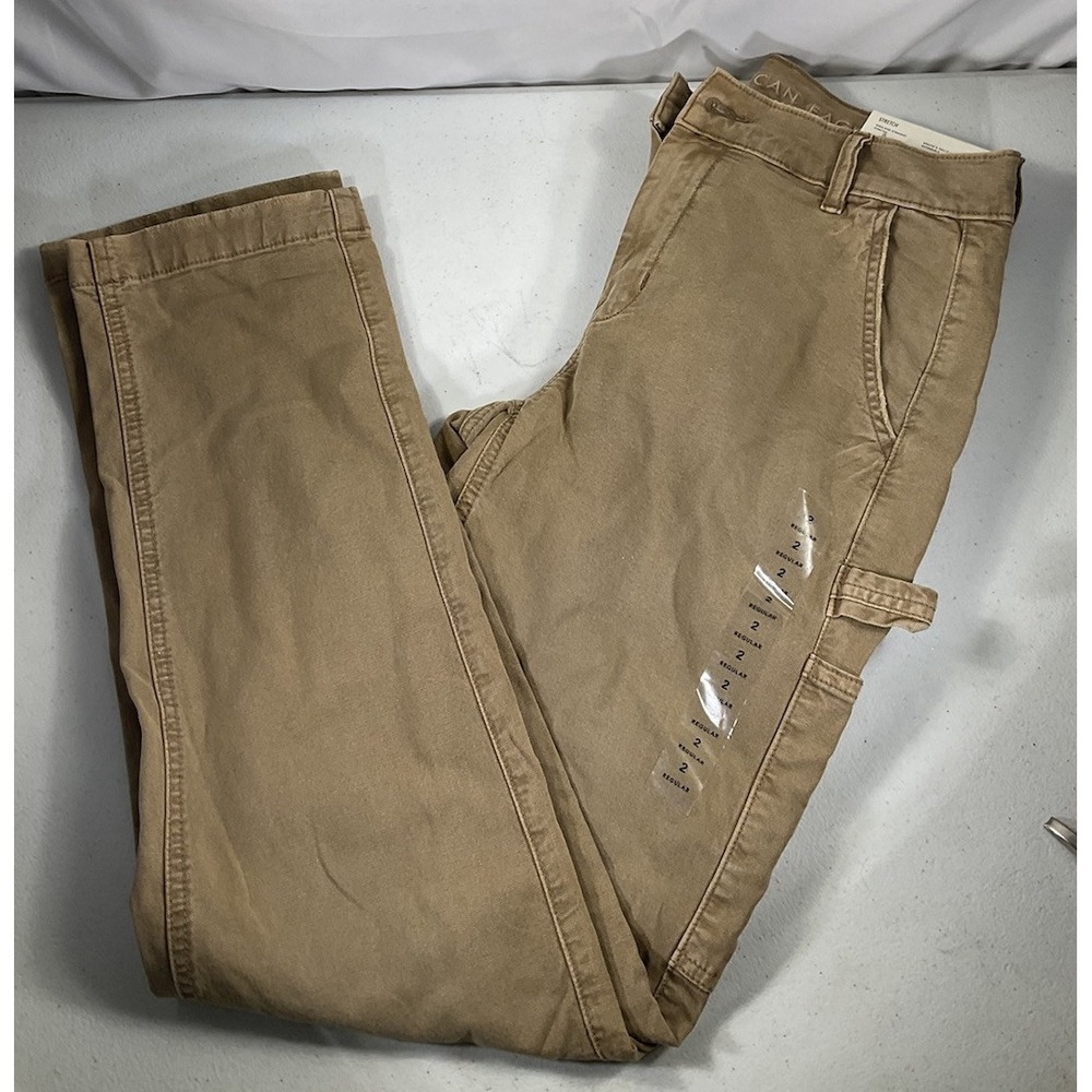 American Eagle Carpenter Jean Womens 2R Khaki Tan High Rise Straight Stretch NWT